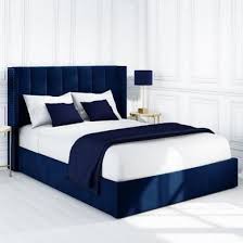 Navy Velvet King Size Ottoman Bed With