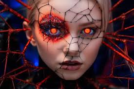 glowing eyes and a red spider web