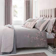 Embroidered Blossom Grey Pink Bedding