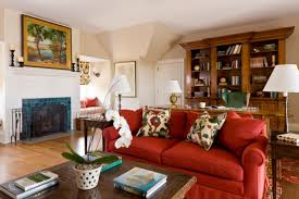 furnish a living room with a red sofa