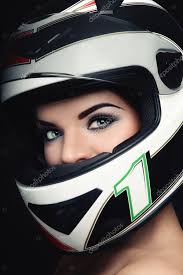 woman in biker helmet stock photo by