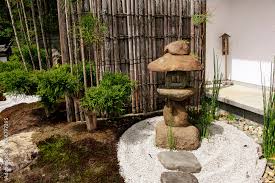 Stone Lantern And Bamboo Partition In