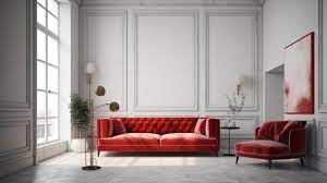 A Living Room With A Red Couch And A