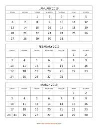 Free Monthly Calendar 2019 3 Months Per Page Vertical