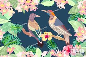 birds blooming flowers and palm leaves