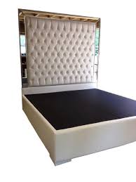 White Faux Leather King Size Platform Bed Queen Size Bed Tufted Upholstered Bed Platform Bed With Mirrors Headboard Extra Tall Headboard
