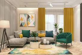 teal and yellow living room hot