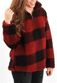 Sweet Claire Red And Black Buffalo Plaid Sherpa Pullover For