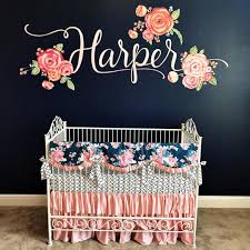 girls crib set in blush pink and navy