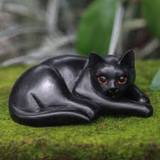Artisan Carved Black Cat Wood Sculpture