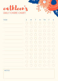 Orange And Navy Blue Floral Chore Chart Planner Templates