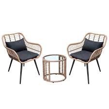 Freestyle Joivi Black Wicker Outdoor Lounge Chair Set With Round Glass Top Coffee Table And Black 2 Cushioned Chairs 3 Piece