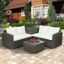 4 Piece Pe Rattan Wicker Sectional Sofa Set Garden Patio Furniture Set With Beige Cushion