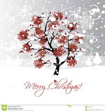 Christmas Card Design With Winter Rowan Tree And Stock
