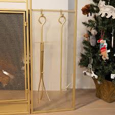 Barton 48 Fireplace Screen 3 Panel Folding Magnetic Doors With 4 Pieces Fire Place Tools Set Steel Fire Spark Guard Gold