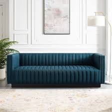 Azure Polyester 3 Seater Tuxedo Sofa