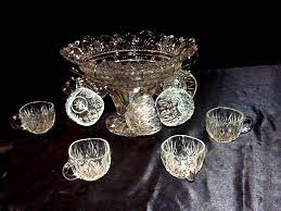 Etched Cut Glass Large Punch Bowl With