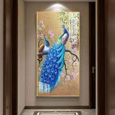Blue Peacock Framed Glass Wall Art Gold