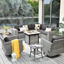 hooowooo crater grey 10 piece wicker outdoor patio fire pit conversation sofa set with swivel rocking chairs and black cushions