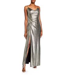 Cowl Neck Sleeveless Foiled Jersey Column Gown
