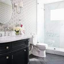 black porcelain herringbone bathroom