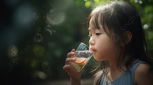 an asian child drinking water in the