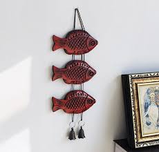 Wood Carved Fish Bell Wall Hanging Home