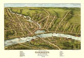 Gardiner And Pittston Maine In 1878 Birds Eye View Map