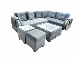 l shape wooden 7 seater fabric sofa set