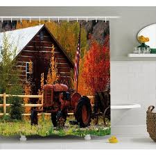 Log home living has featured many small log cabins over the years. Fall Decor Shower Curtain Rustic Cabin With Rusty Tractor Country House Seasonal Colors Us Flag Loyalty Fa Rustic Cabin Bathroom Decor Sets Rustic Fall Decor