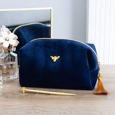 bee navy blue velvet makeup bag