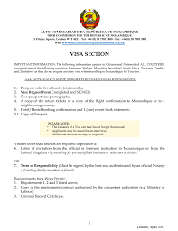 Sample invitation letter for visitor visa or tourist visa for brother to usa, uk, canada, australia, russia. Visa Section High Commission Of The Republic Of Mozambique