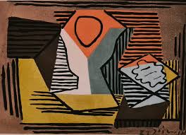 It appears to depict a table top or small sideboard, with a knife, a beer glass, two slices of sausage and a slice of cheese or pâté. Pablo Picasso Still Life Renssen Art Gallery