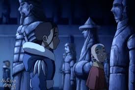 Avatar Aang, Katara, and Sokka inside the Southern Air Temple sanctuary
