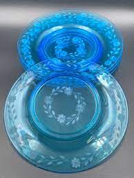 Vintage Set Of 4 Aqua Blue Glass Plates