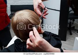Kids hair salons directory provide links and review to special kids friendly hair salons where children are entertained with computer games, stories, books, and songs. Cutting Hair Of Child The Little Boy In A Hairdressing Salon Canstock