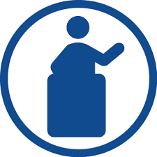 graphic of a person at a lectern in a circle