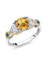 gem stone king 925 silver and 10k yellow gold 3 stone ring cushion citrine half moon moissanite and blue diamond 1 60 carat total weight women s