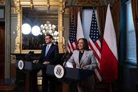 US Vice President Kamala Harris gives remarks with Poland s Prime Minister  Mateusz Morawiecki before