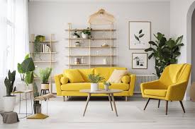 Wooden Table Shelves And A Yellow Sofa