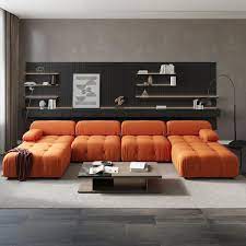 Magic Home 151 2 In 6 Wide Seats Teddy Velvet Moveable Sectional Sofa Couch With 2 Ottomans Orange