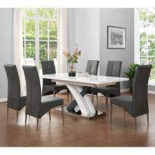 Bremerton warm grey extendable trestle dining table. Axara Extendable Dining Table In White With 6 Vesta Grey Chairs Sale