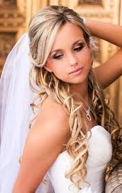Many brides begin growing out their hair immediately after getting engaged. Bride S Side Part Half Updo Long Curls With Under Veil Megawedding