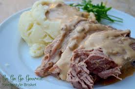 In an oven safe bowl, pour the onion soup, filling about ¾ of the way full. Homestyle Brisket With A Creamy Mushroom Gravy Perfect Stick To Your Ribs Food Slow Cooker Brisket Recipes Brisket