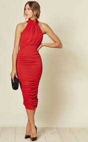 Red High Neck Ruched Bodycon Midi Dress By Ax Paris