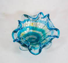 Murano Bowl Blue Glass With Silver Leaf