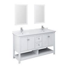 Built from solid mahogany and finished in a classic antique brown, this vanity features plenty of storage ideal for shared use. Fresca Manchester 60 Inch White Traditional Double Sink Bathroom Vanity With Mirrors The Home Depot Canada