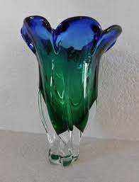 Vintage Murano Blue Green Vase Fl
