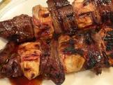 best ever  skirt steak and bacon wrapped chicken kabobs