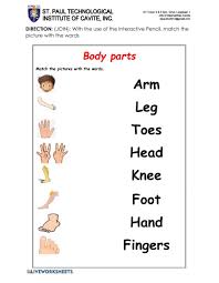 In the second worksheet, students name body parts without a word bank. Body Parts Online Exercise For Kindergarten